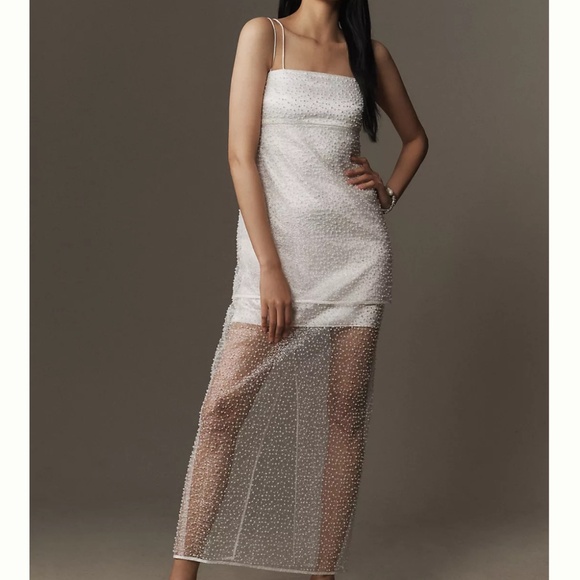 bhldn sleeveless pearl-embellished sheer skirt maxi dress Bhldn Sleeveless Pearl-embellished Maxi Dress